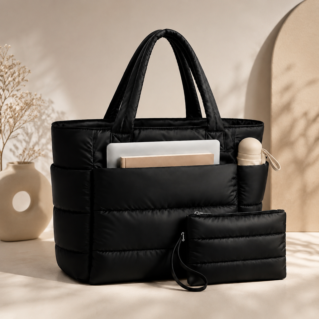 Lunavera Puffy Tote Bag for Women – Lightweight Quilted Shoulder Bag with Large Capacity, Water-Resistant Design & Matching Pouch