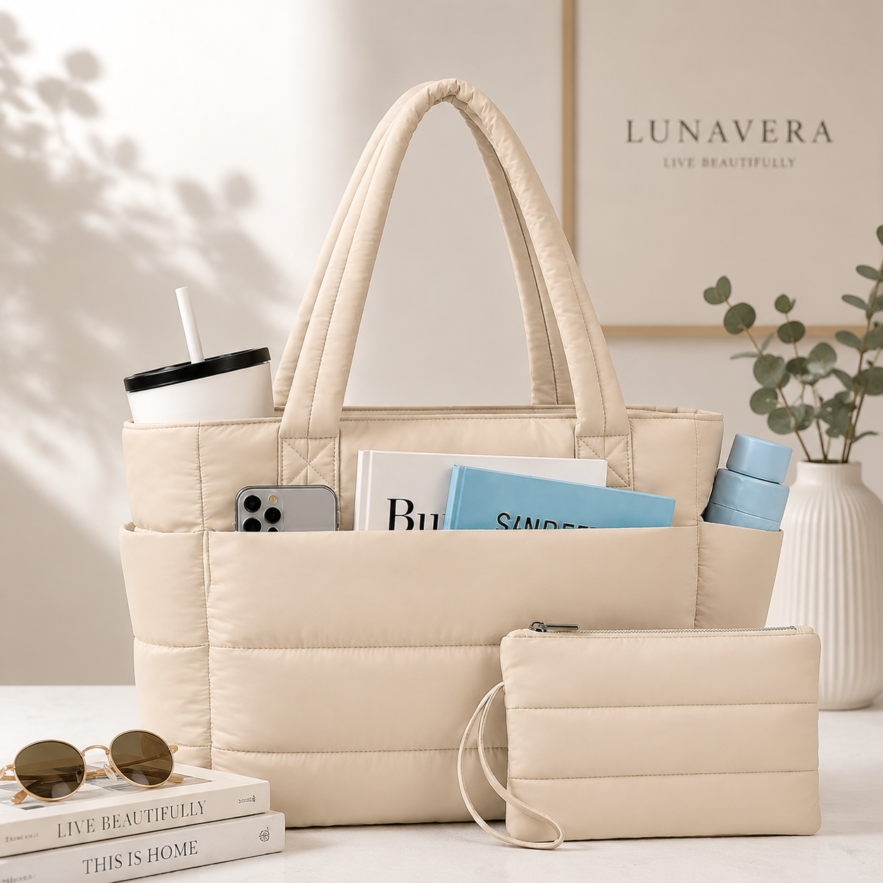 Lunavera Puffy Tote Bag for Women – Lightweight Quilted Shoulder Bag with Large Capacity, Water-Resistant Design & Matching Pouch