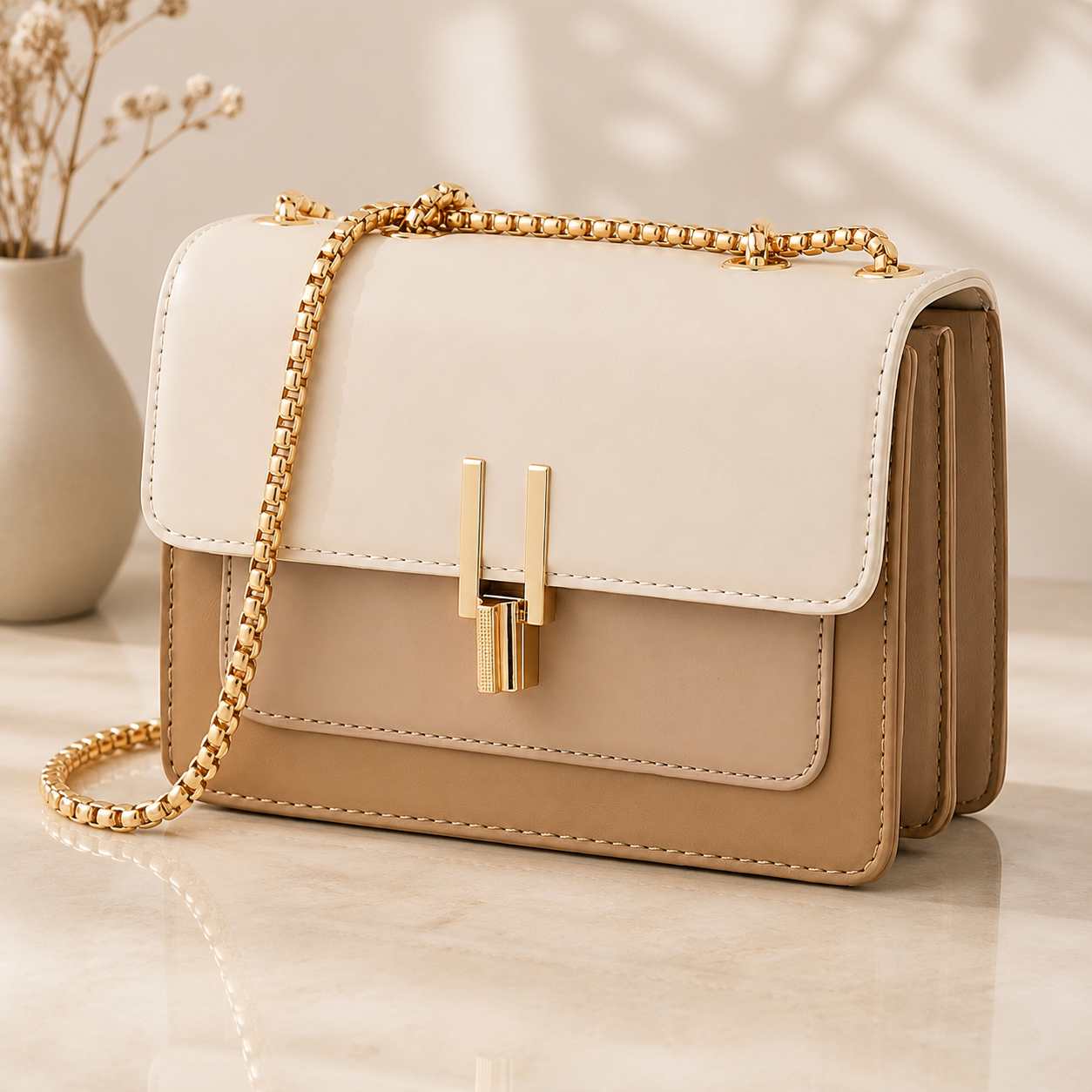 Color Block Crossbody Bag for Women – Stylish Faux Leather Shoulder Purse with Turn Lock Closure