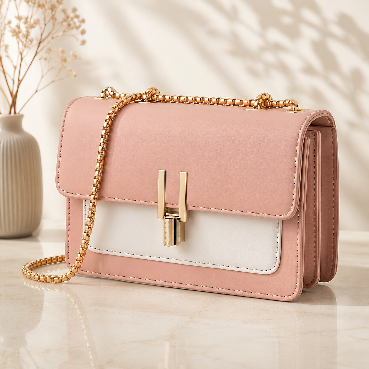 Color Block Crossbody Bag for Women – Stylish Faux Leather Shoulder Purse with Turn Lock Closure