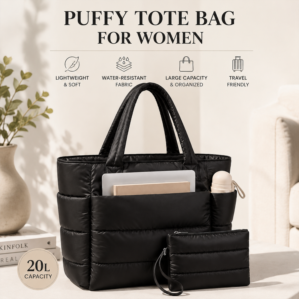 Lunavera Puffy Tote Bag for Women – Lightweight Quilted Shoulder Bag with Large Capacity, Water-Resistant Design & Matching Pouch