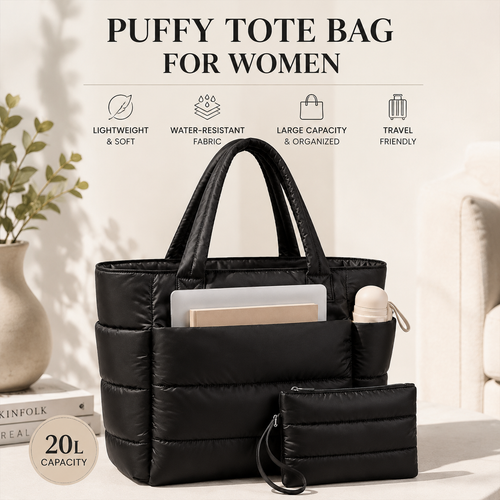 Lunavera Puffy Tote Bag for Women – Lightweight Quilted Shoulder Bag with Large Capacity, Water-Resistant Design & Matching Pouch