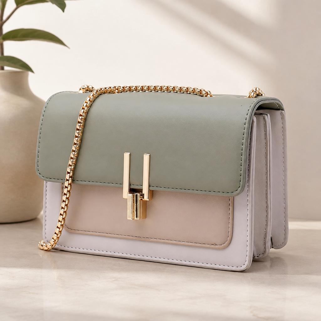 Color Block Crossbody Bag for Women – Stylish Faux Leather Shoulder Purse with Turn Lock Closure