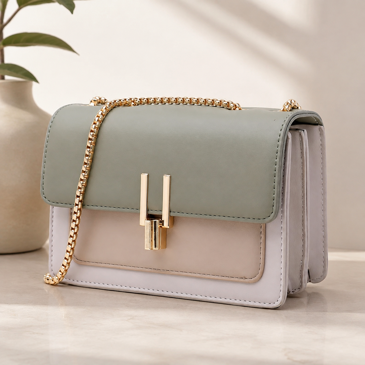 Color Block Crossbody Bag for Women – Stylish Faux Leather Shoulder Purse with Turn Lock Closure