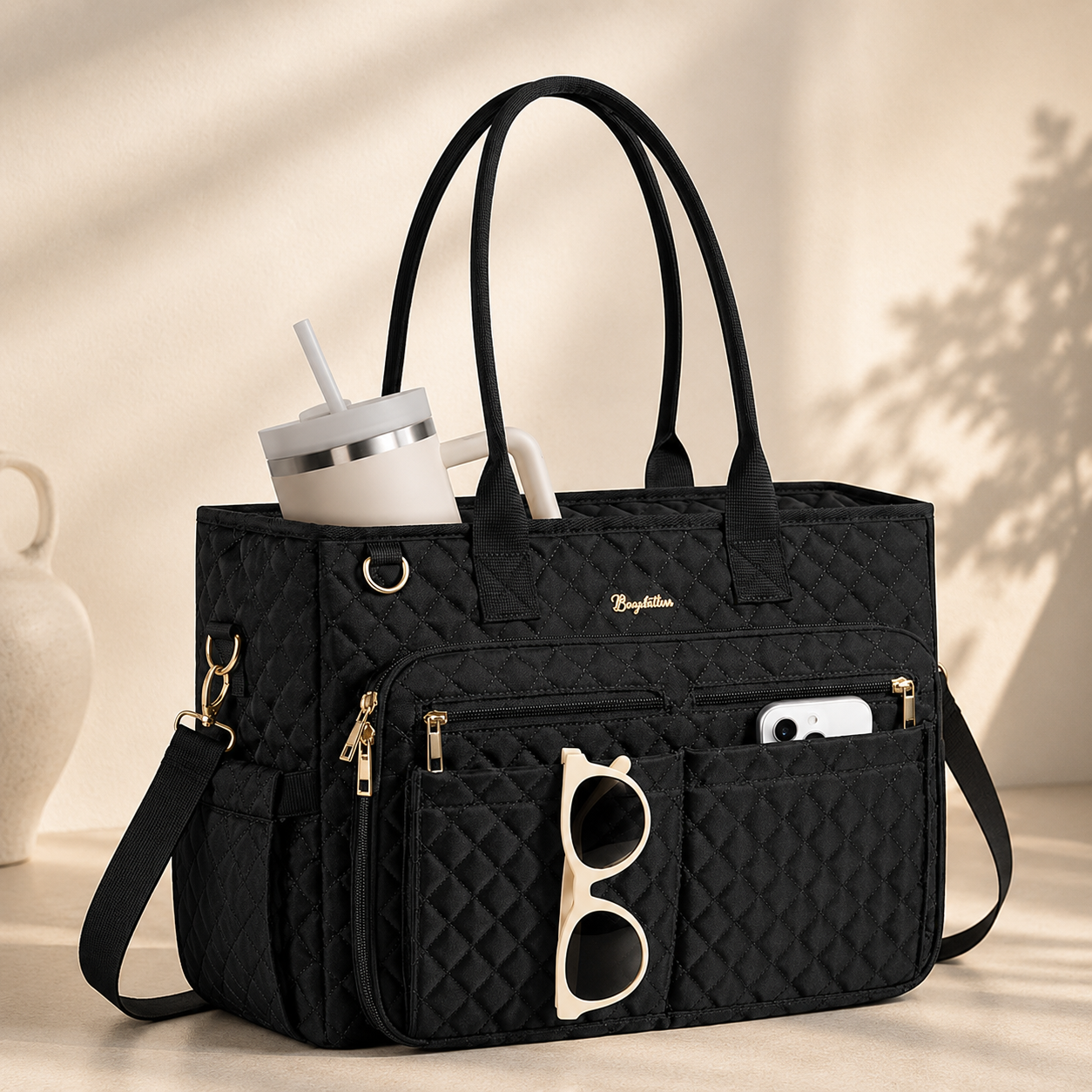 Women’s Large Quilted Work Tote Bag – 20-Pocket Laptop, Teacher & Nurse Bag