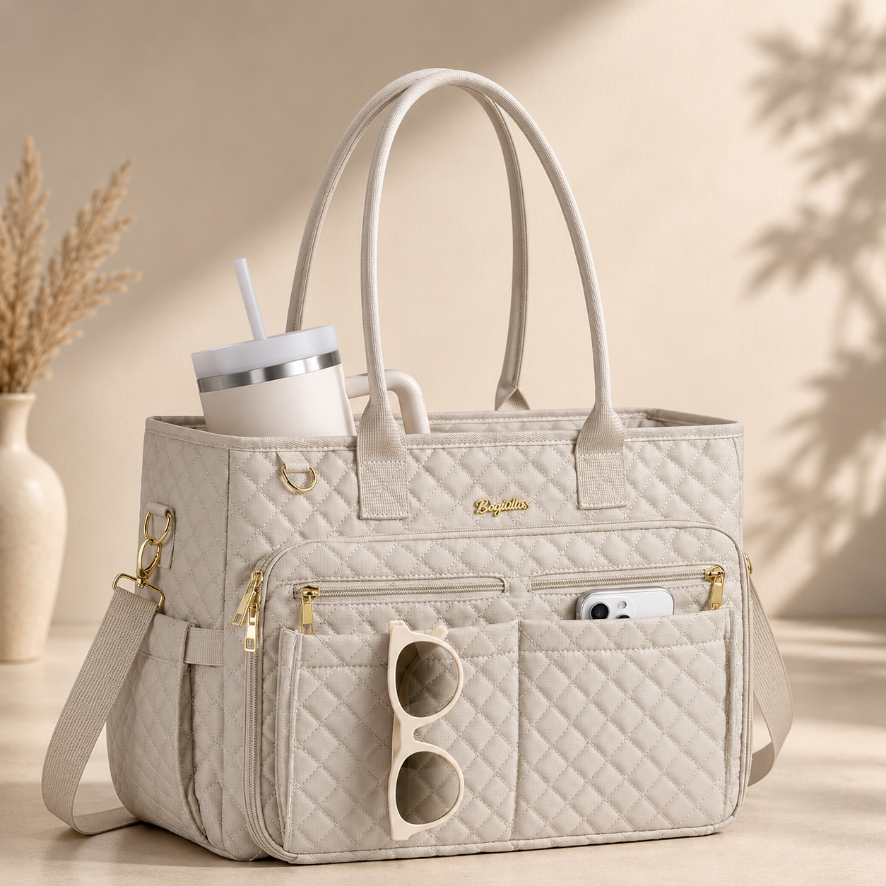 Women’s Large Quilted Work Tote Bag – 20-Pocket Laptop, Teacher & Nurse Bag