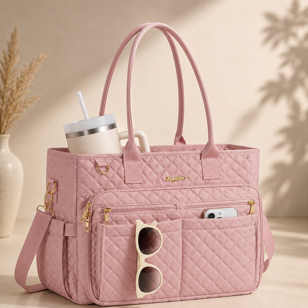 Women’s Large Quilted Work Tote Bag – 20-Pocket Laptop, Teacher & Nurse Bag