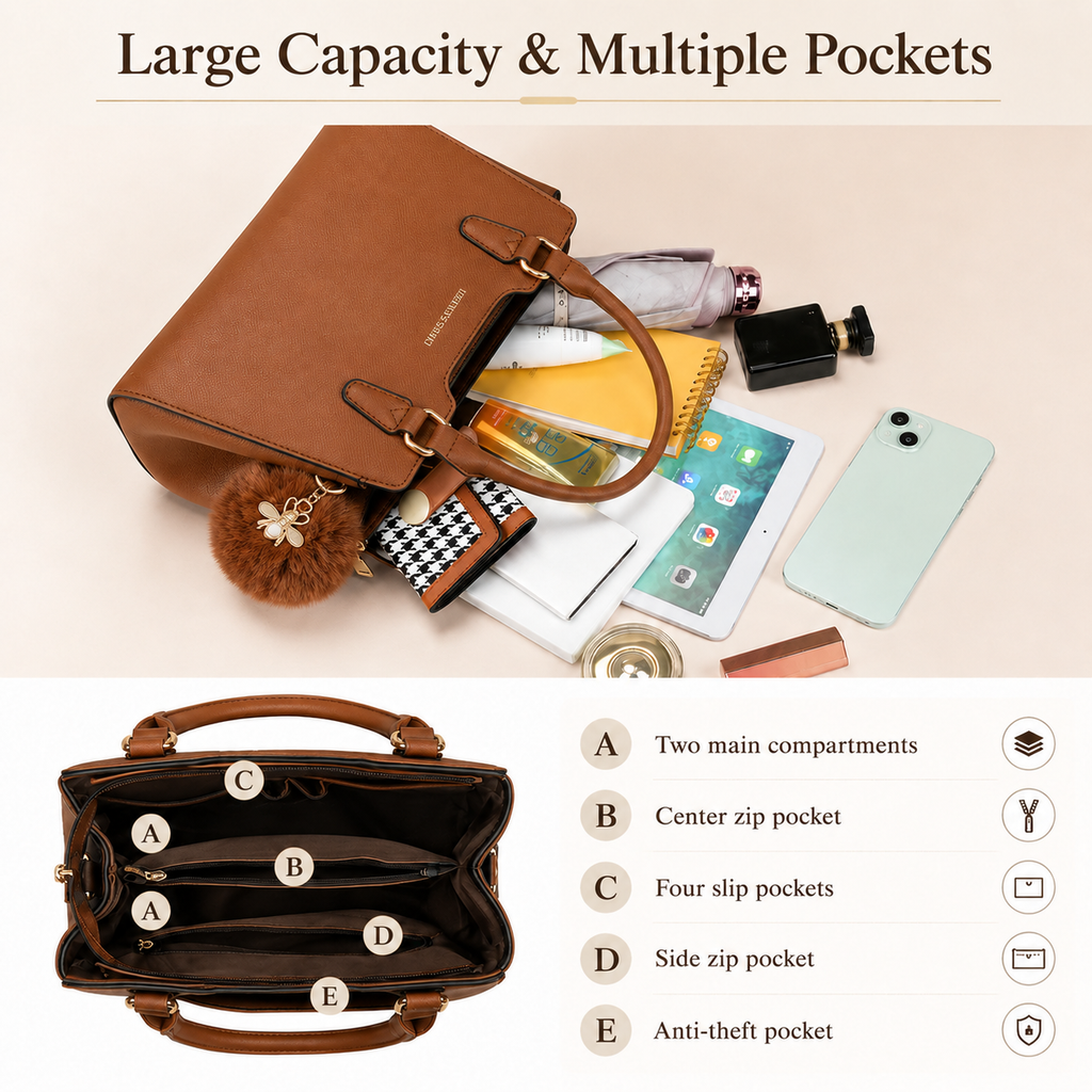 Women’s Elegant Satchel Handbag – Spacious Multi-Pocket Shoulder & Crossbody Bag