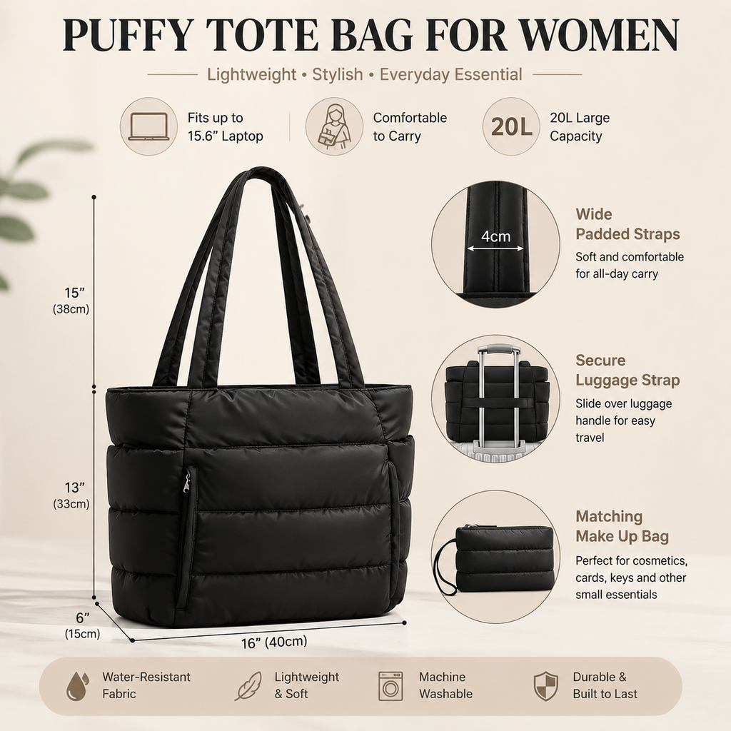 Lunavera Puffy Tote Bag for Women – Lightweight Quilted Shoulder Bag with Large Capacity, Water-Resistant Design & Matching Pouch