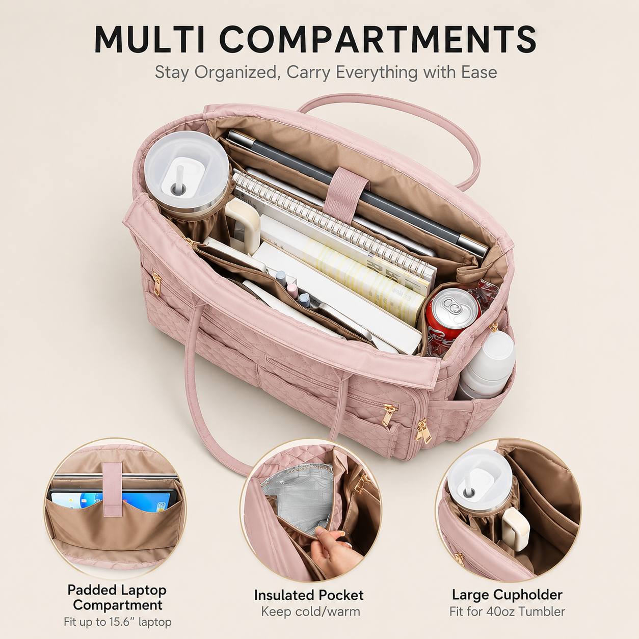 Women’s Large Quilted Work Tote Bag – 20-Pocket Laptop, Teacher & Nurse Bag