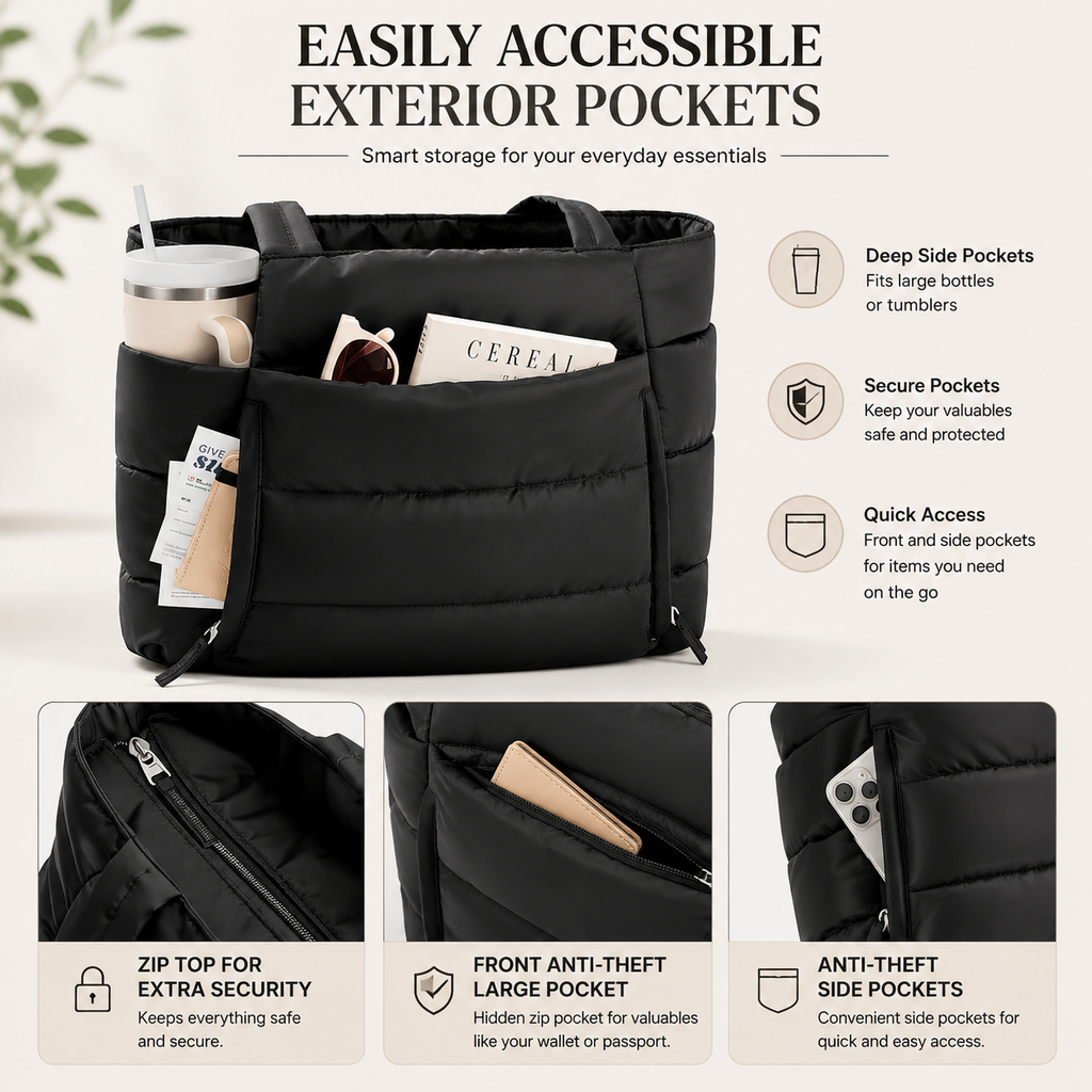 Lunavera Puffy Tote Bag for Women – Lightweight Quilted Shoulder Bag with Large Capacity, Water-Resistant Design & Matching Pouch