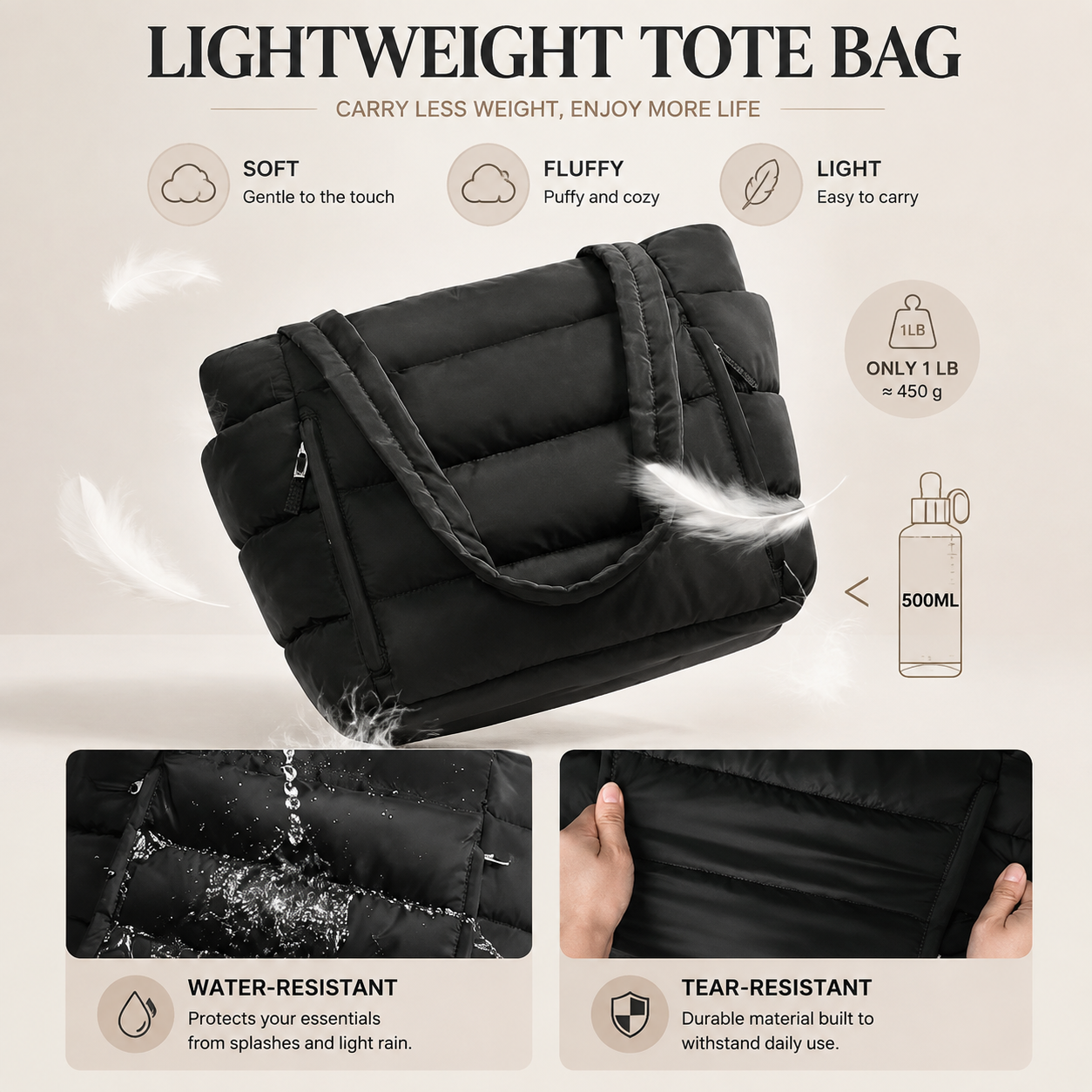 Lunavera Puffy Tote Bag for Women – Lightweight Quilted Shoulder Bag with Large Capacity, Water-Resistant Design & Matching Pouch