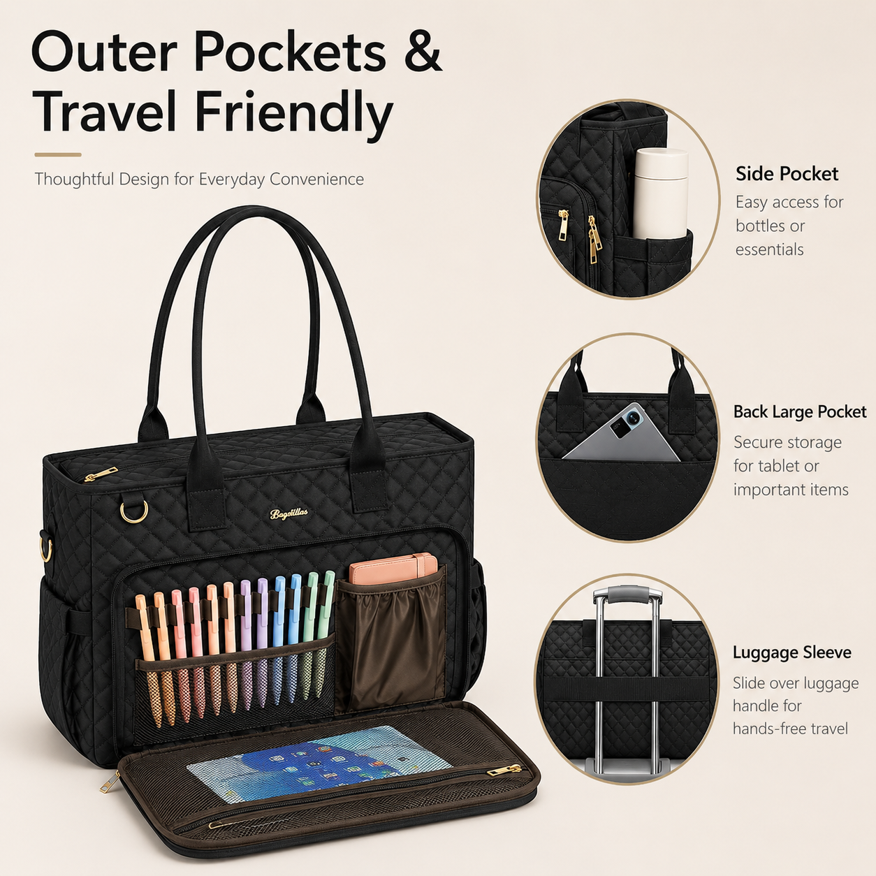 Women’s Large Quilted Work Tote Bag – 20-Pocket Laptop, Teacher & Nurse Bag