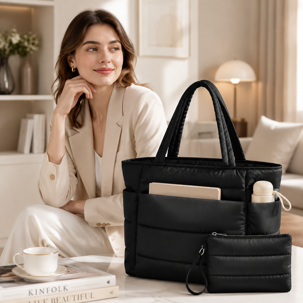 Lunavera Puffy Tote Bag for Women – Lightweight Quilted Shoulder Bag with Large Capacity, Water-Resistant Design & Matching Pouch