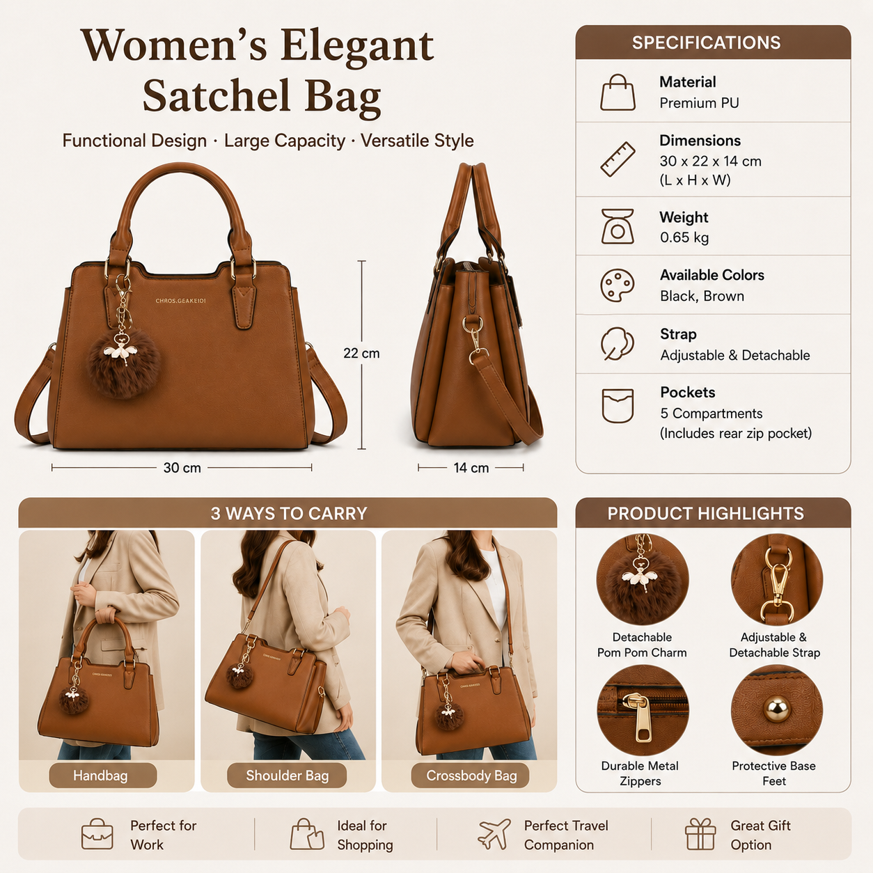 Women’s Elegant Satchel Handbag – Spacious Multi-Pocket Shoulder & Crossbody Bag
