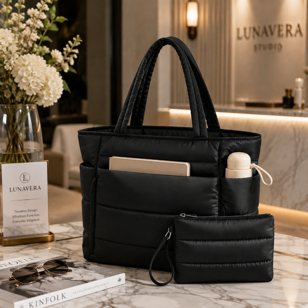 Lunavera Puffy Tote Bag for Women – Lightweight Quilted Shoulder Bag with Large Capacity, Water-Resistant Design & Matching Pouch